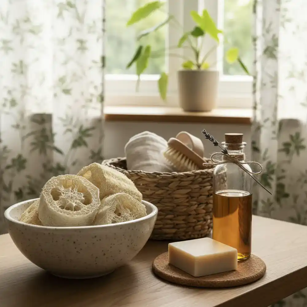 Close up view of natural textures and low-waste goods in an eco-friendly home setting