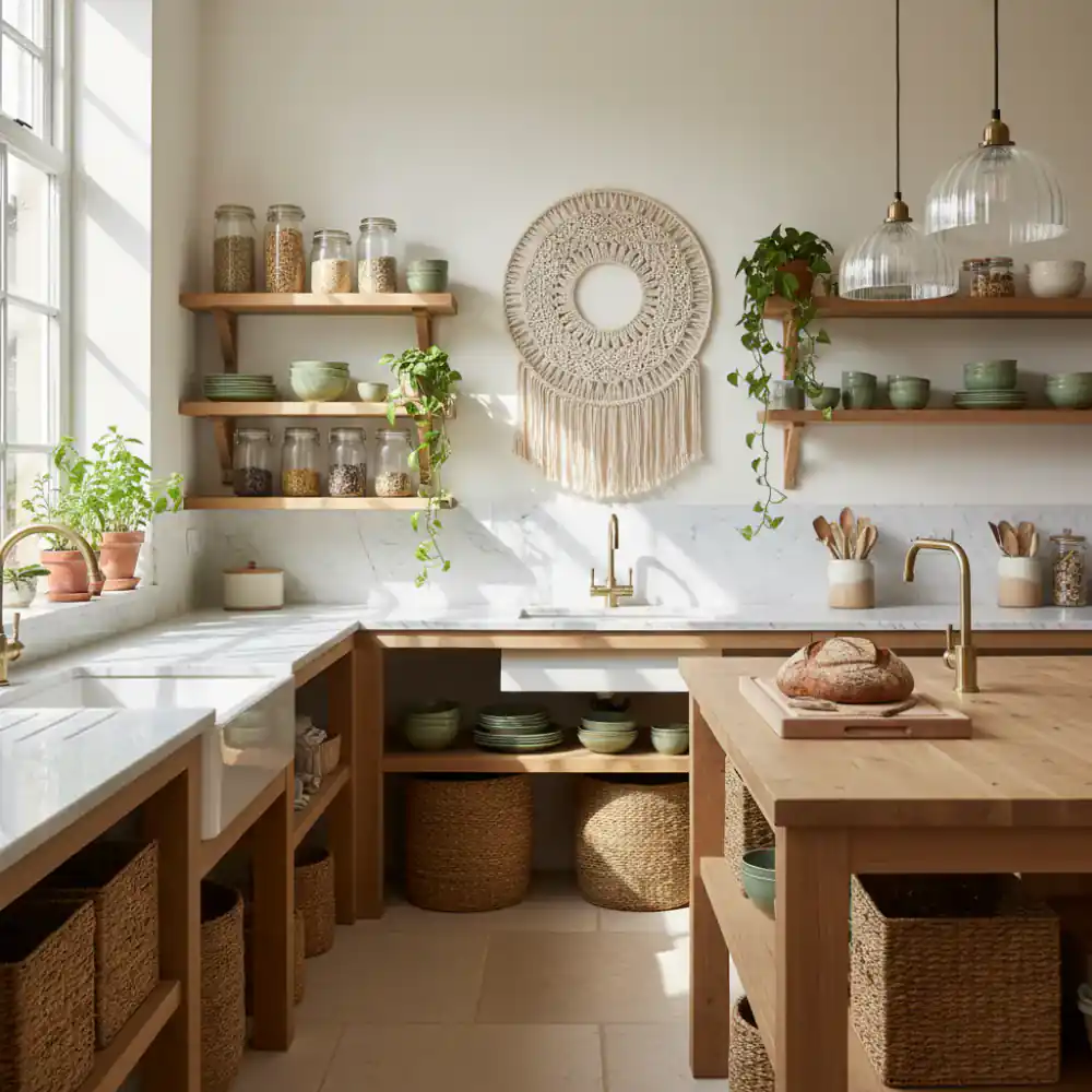 A beautifully organized, eco-friendly kitchen setup featuring natural materials