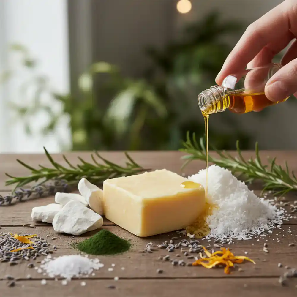 Close up of raw natural ingredients used in solid cleaning bars