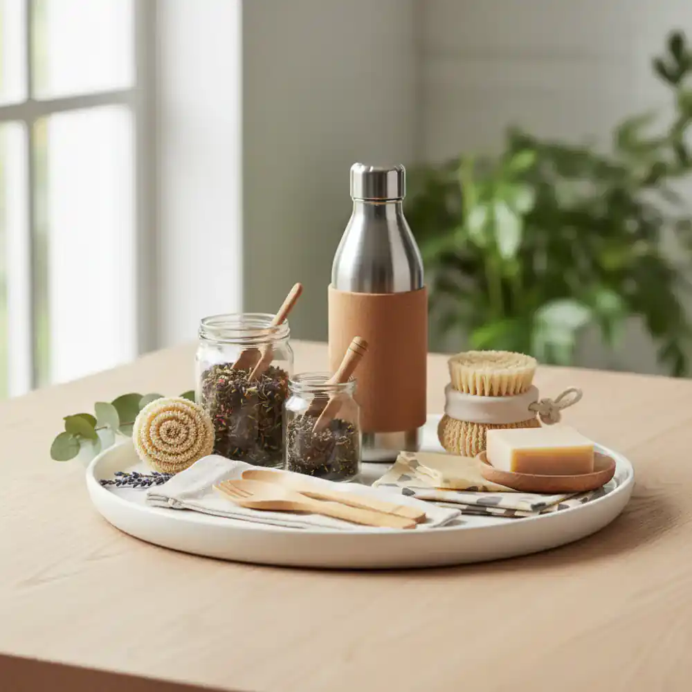 Sustainable lifestyle essentials arranged thoughtfully on a minimal surface