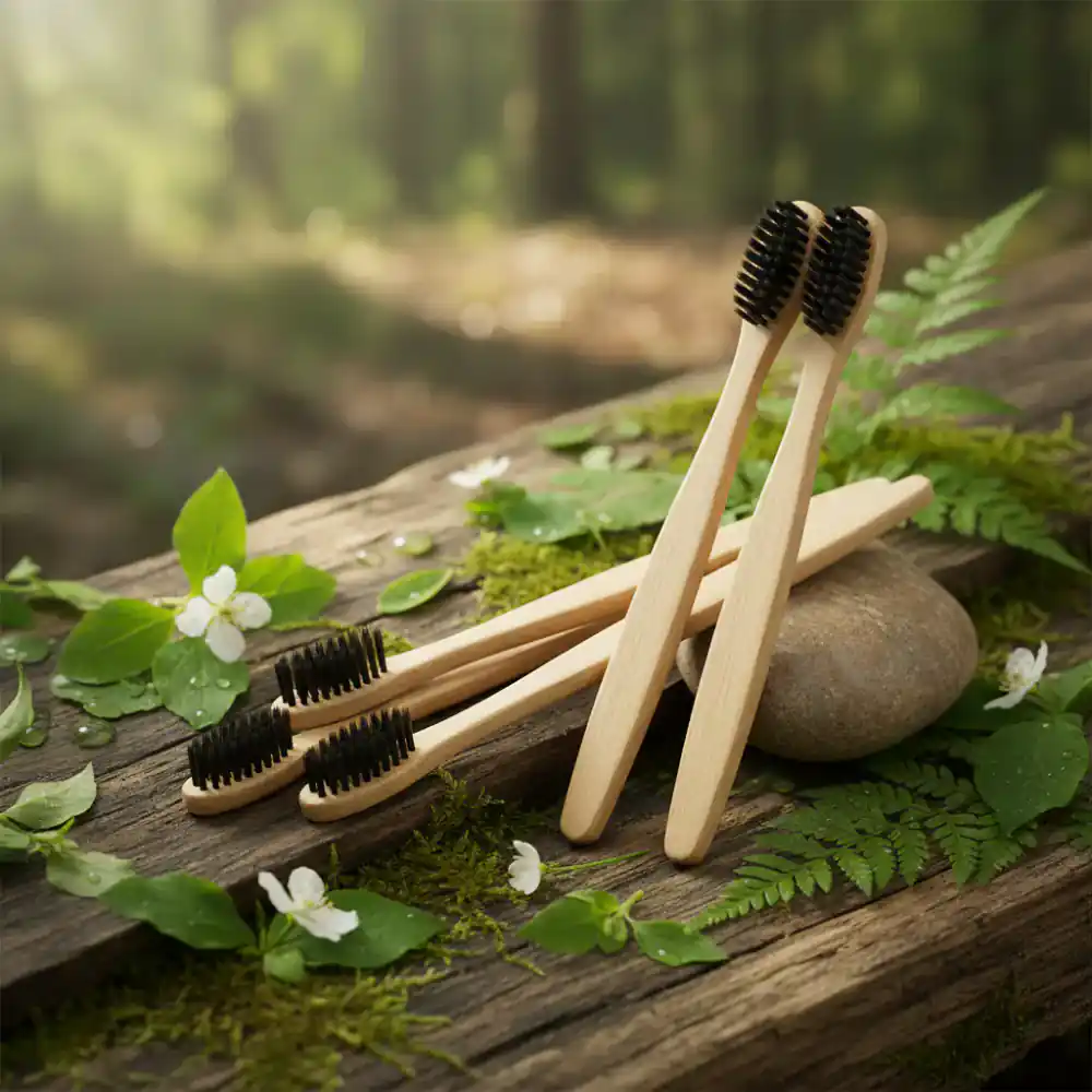 Set of 4 bamboo toothbrushes with soft charcoal bristles