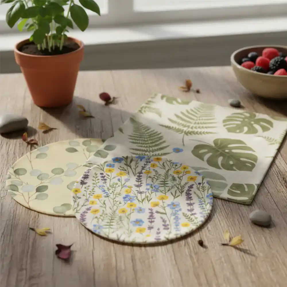 Set of 3 organic beeswax food wraps in botanical patterns