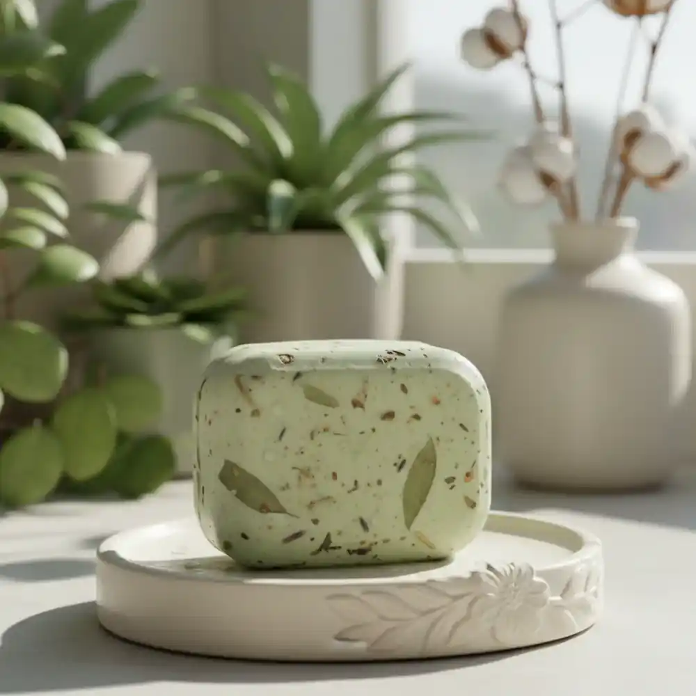 Multi-purpose concentrated cleaning bar on a ceramic soap dish