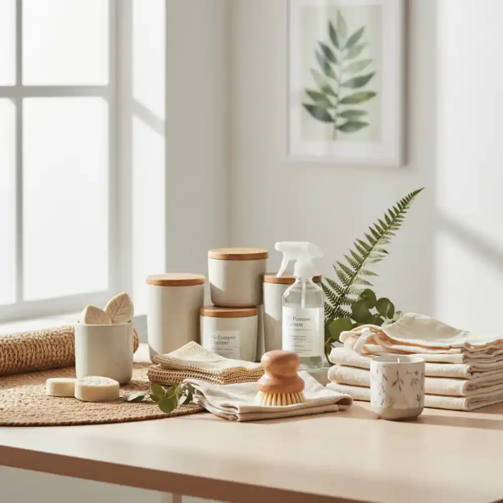 Collection of eco-friendly home essentials arranged elegantly on a clean surface